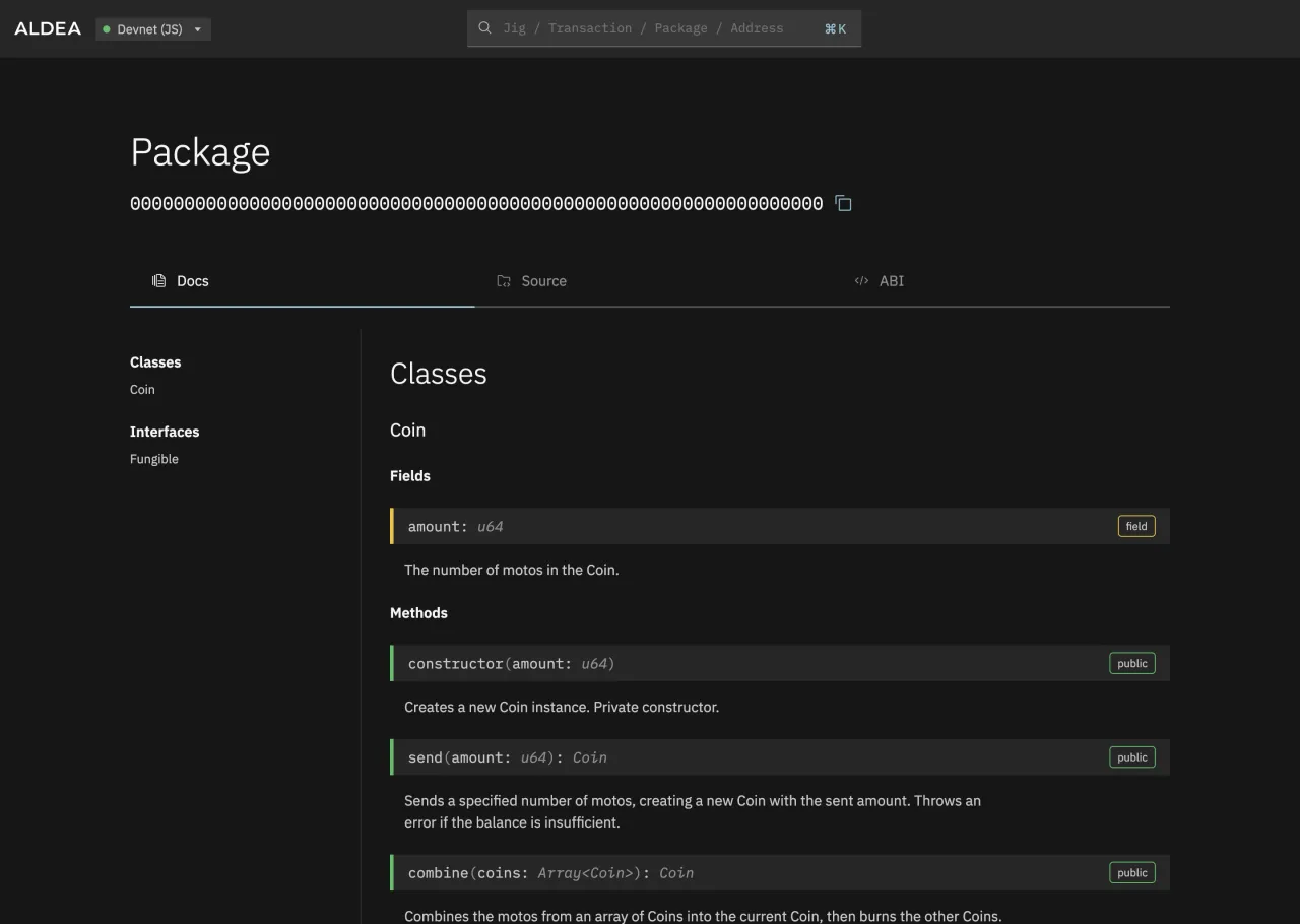 On-chain source code and package documentation through Aldea's explorer.