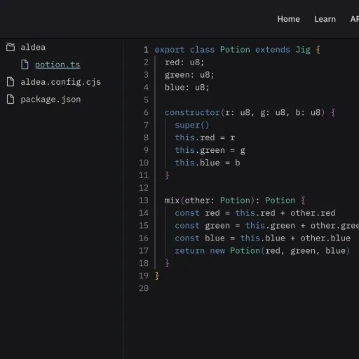 Aldea's interactive tutorial, with a browser-based, full-featured dev environment.